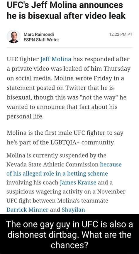 jeff molina gay video|UFCs Jeff Molina announces he is bisexual after video leak